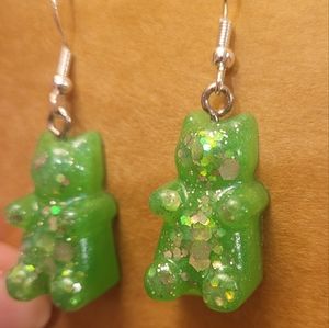 Green glittery bear threader earrings